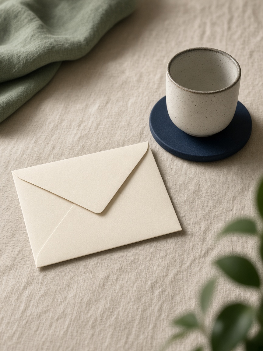 A quiet desk with a sealed envelope and tea