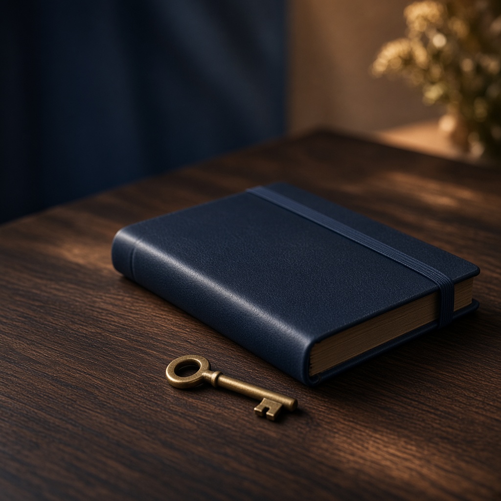 A closed journal and brass key on dark wood