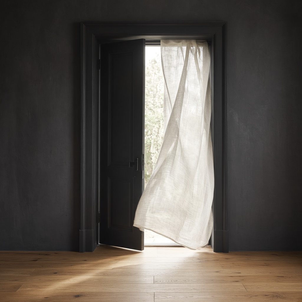 An open doorway with soft daylight and linen curtain