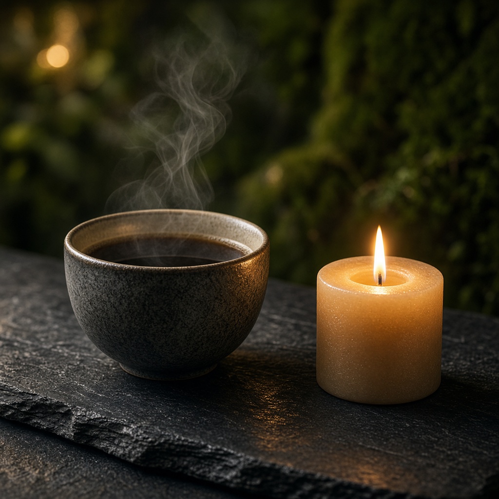 A steaming cup and candle on a dark table
