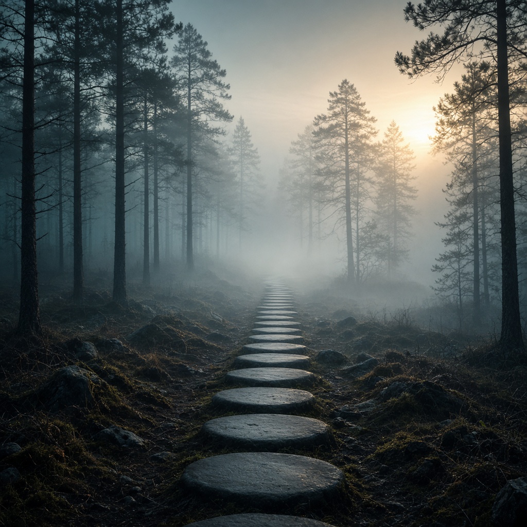 A quiet stone path through pines at dawn